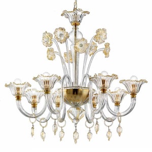 Clear Murano Glass Chandelier: Coppa di Fiori with Gold Accents, 8-Light