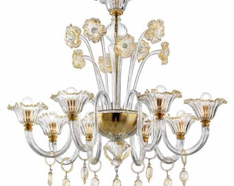 Clear Murano Glass Chandelier: Coppa di Fiori with Gold Accents, 8-Light