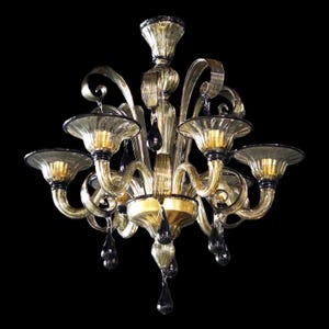 Lámpara de araña de cristal de Murano en vidrio ahumado con borde negro, lámpara de araña pastoral contemporánea, lámpara de techo de Murano con colgantes de gota negra