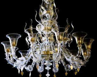 Rezzonico Lancia Chandelier, Classic Murano Glass Chandelier, Venetian Glass Chandelier, Elegant Ceiling Light, Clear Glass and Gold Accents