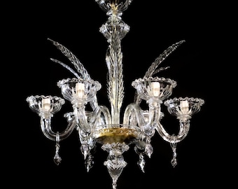 Transparent Glass Chandelier with Decorative Leaves and Polished Gold Hardware, Clear Murano Chandelier