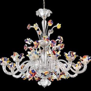 Clear Murano Glass Chandelier with Swirl Flowers, Fiori Cristallo Chandelier, Large 12 Light Chandelier, Luxury Lighting, Murano Chandelier