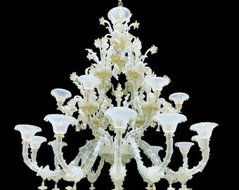 Murano Glass Rezzonico Chandelier with 20 Lights, 2 Tiered Lighting 12+8, Cristallo "Nebbia" with 24 Kt Gold, Classic Venetian Chandelier