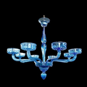 Elegant Light Blue Murano Glass Chandelier, Blown Glass Lighting Fixture, 8 Lights
