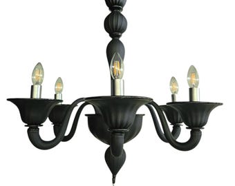 Matte Black Murano Glass Chandelier, Contemporary 6 Light Chandelier with Brushed Nickel Hardware, 28" x 24"