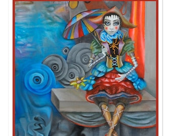 Harlequin, Pierrot clown, surreal art stickers, pop art stickers, indie laptop stickers, Mark Ryden,
