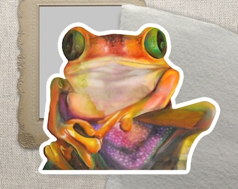 Frog sticker, fun animal stickers, frog decals, scrapbook stickers, bright frog, indie laptop stickers,