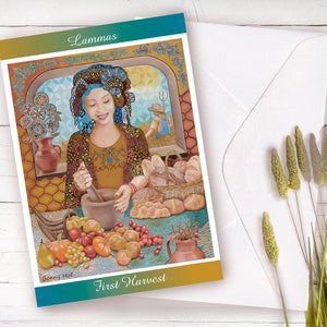 Lughnasadh Lammas-kaarten, keukenheksenwenskaart A5, wiel van het jaar heidense Wicca kunstkaarten, chef-kokkaart,