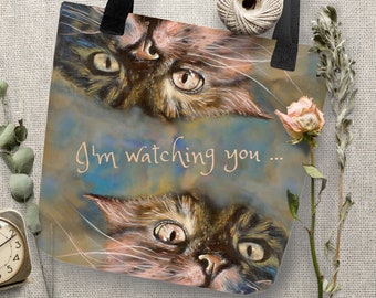 Cat tote bag - kitty bag, crazy cat lady, cat shopping bag, gym tote, overnight bag, Im watching you