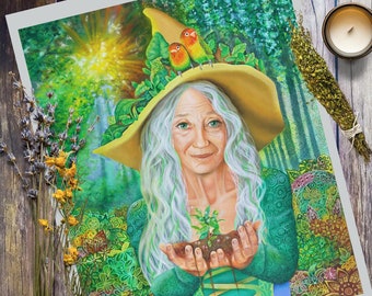 La vieille femme qui guérit, impression d'art mural sorcière verte païenne, art de sorcière de haie, cadeau d'anniversaire de sorcière d'herbes magiques de décoration de wicca,