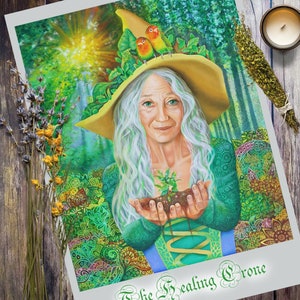 The Healing Crone, Pagan green witch wall art print, hedge witch art, wiccan decor magic herbs witchy birthday gift,