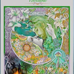 This giclee canvas wall art print is of Beltane or the witches wheel of the year.  It is of the pagan handfasting wedding Goddess May Queen and the green man. People also dancing around the maypole.  Oil on canvas painted in art nouveau style.