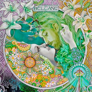 This giclee canvas wall art print is of Beltane or the witches wheel of the year.  It is of the pagan handfasting wedding Goddess May Queen and the green man. People also dancing around the maypole.  Oil on canvas painted in art nouveau style.