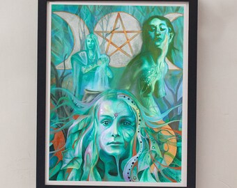 Triple Goddess, mother maiden crone, moon goddess art, pagan goddesses, sacred feminine, wiccan art,