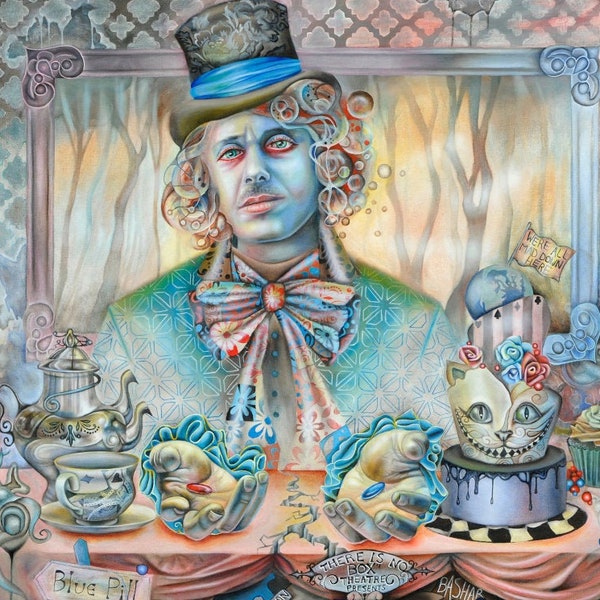 A6 Postcards of The Mad Hatter, comedy tragedy theatre masks, conspiracy visionary art,