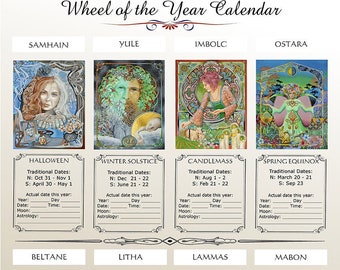 Affiche A3 du calendrier païen de la roue wicca astrologique et/ou du voyage du sabbat des sorcières