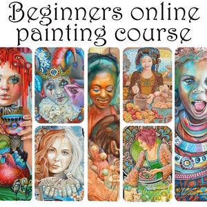 May include: An image promoting a beginners online painting course. It features a collage of colorful, expressive portraits. The text "Beginners online painting course" is displayed at the top in an ornate font. The portraits showcase diverse subjects and artistic styles.