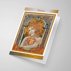 May include: A greeting card with an illustration of a woman adorned with autumn leaves, holding a basket of fruit. The card displays the text "Mabon" and "Autumn Equinox". The artwork is framed with ornate gold and orange details.