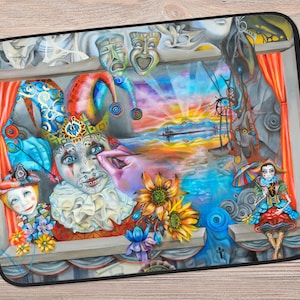 Cirque, Jester, Laptop art sleeve, surreal theatre, visionary art, French Pierrot, harlequin clown,