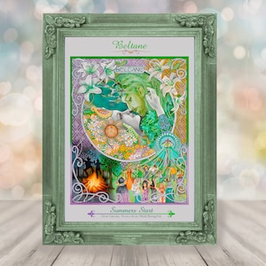 K&ouml;nnte beinhalten: Ein gerahmter Druck einer farbenfrohen Illustration, die das keltische Fest Beltane darstellt. Das Bild zeigt ein Paar, das sich umarmt, umgeben von Blumen, einem Lagerfeuer und anderen Symbolen des Fr&uuml;hlings und der Fruchtbarkeit. Der Titel "Beltane" und der Text "Summer's Start" sind oben und unten auf dem Druck sichtbar.