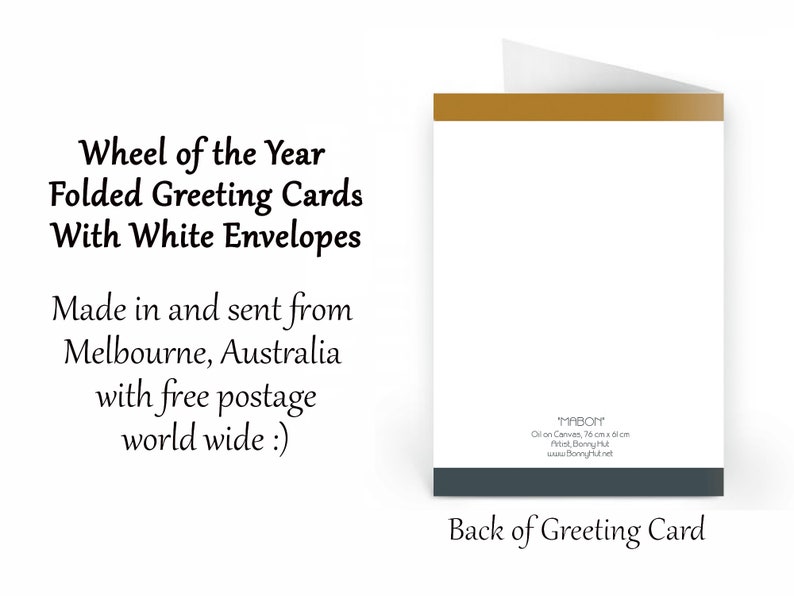 May include: A folded greeting card with a white interior and a gold-coloured top edge. The card's text reads "Wheel of the Year Folded Greeting Cards With White Envelopes." The back of the card has text and a dark grey border.