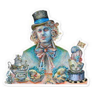 May include: A sticker featuring a surreal illustration of the Mad Hatter from Alice in Wonderland. The Mad Hatter is depicted with pale skin, wearing a top hat and a patterned coat. A tea set and a cake with the Cheshire Cat are also present.