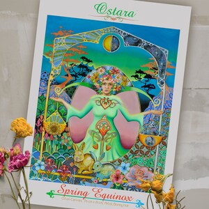 May include: A colorful painting of a woman with a crown of flowers, standing in a garden with a crescent moon and stars in the background. The painting is titled "Spring Equinox" and is 76 cm x 6 cm.