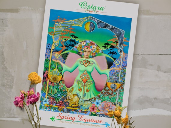 Ostara altar print, Spring equinox, pagan art, wiccan wheel, sabbat altar print, spring Goddess, wiccan art, visionary art,
