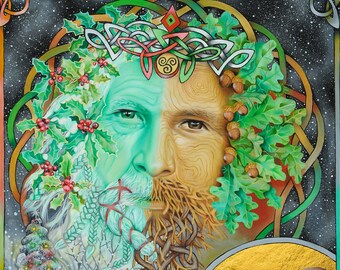 Yule, Yuletide wall art print, sabbat altar decor, Celtic mythology, winter solstice, wiccan art, greenman, pagan art, holly oak kings,
