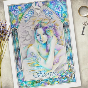 Impressão de arte de parede em aquarela do zodíaco Escorpião, pôster de aniversário de signo astrológico, elemento água,
