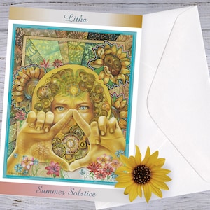 May include: Greeting card with a vibrant illustration of a person, sunflowers, and floral details. The card is labelled "Litha" and "Summer Solstice." A white envelope and a yellow sunflower are also included.