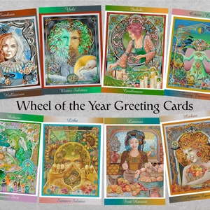 Rueda del año, tarjetas de felicitación paganas, tarjetas de la Diosa Art Nouveau, regalos del sabbat de la rueda wiccana,