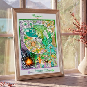 K&ouml;nnte beinhalten: Ein gerahmter Druck mit einer farbenfrohen Illustration einer gr&uuml;nh&auml;utigen Figur mit einer Krone, umgeben von Blumen und Bl&auml;ttern. Der Text "Beltane" und "Summers Start" ist im Bild sichtbar.