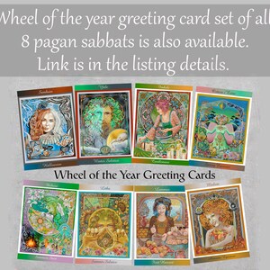May include: A collection of eight Wheel of the Year greeting cards, each with vibrant illustrations depicting pagan sabbats. The cards showcase images of figures and symbols linked to seasonal celebrations. Text at the top reads "Wheel of the year greeting card set of all 8 pagan sabbats is also available."