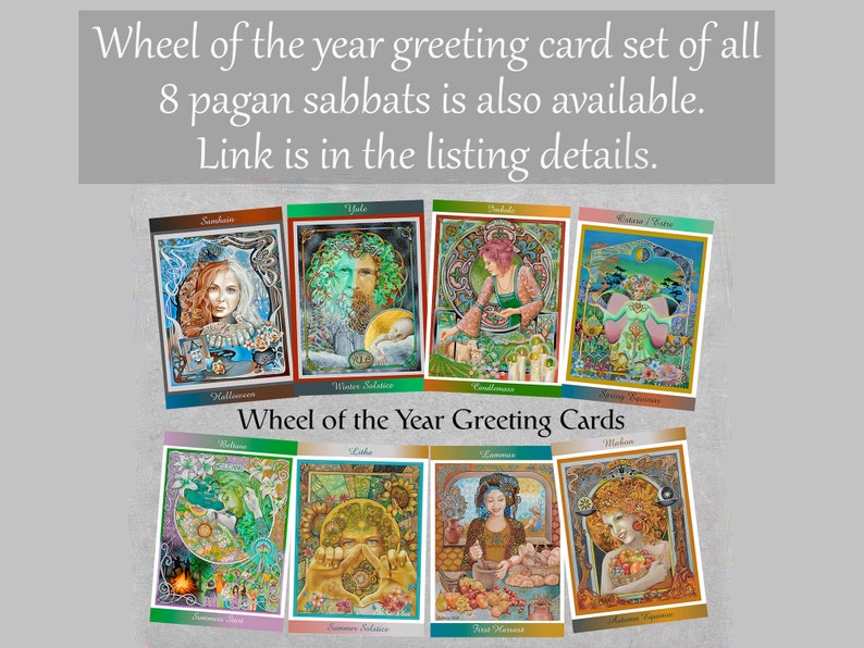 May include: A collection of eight Wheel of the Year greeting cards, each with vibrant illustrations depicting pagan sabbats. The cards showcase images of figures and symbols linked to seasonal celebrations. Text at the top reads "Wheel of the year greeting card set of all 8 pagan sabbats is also available."