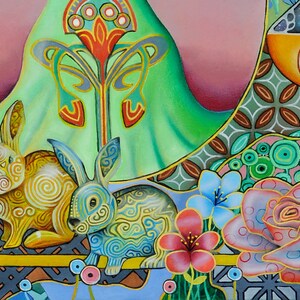 May include: A colorful painting featuring two rabbits with intricate patterns, a green hill, and a pink rose with a yellow center. The background is a mix of green, brown, and pink with geometric shapes.