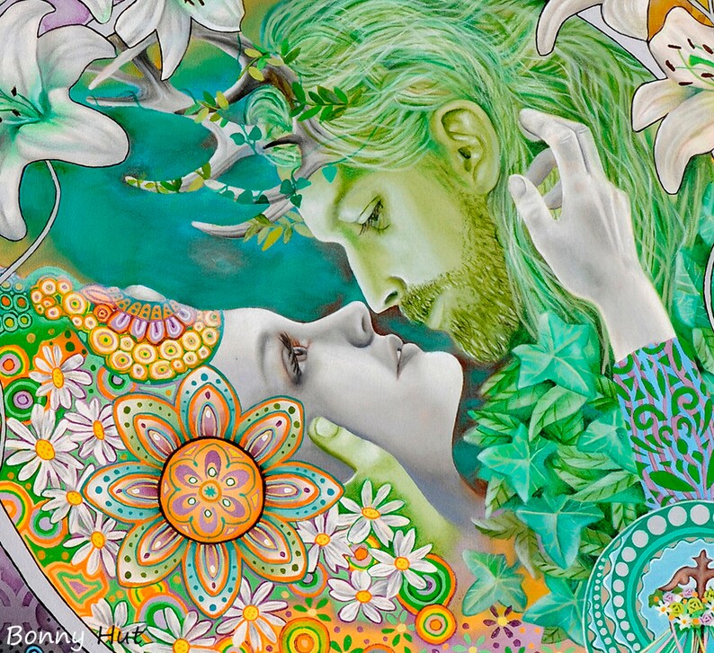 This giclee canvas wall art print is of Beltane or the witches wheel of the year.  It is of the pagan handfasting wedding Goddess May Queen and the green man. People also dancing around the maypole.  Oil on canvas painted in art nouveau style.