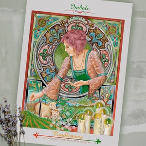 Peut inclure: Illustration color&eacute;e intitul&eacute;e "Imbolc" et "Candlemass", repr&eacute;sentant une femme aux cheveux roses, entour&eacute;e de bougies, de moutons et de motifs d&eacute;coratifs de style celtique. L'&oelig;uvre est sur toile, 76 cm x 61 cm.