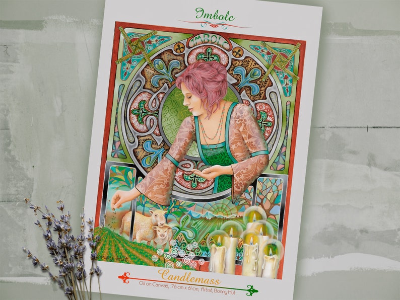 Peut inclure: Illustration color&eacute;e intitul&eacute;e "Imbolc" et "Candlemass", repr&eacute;sentant une femme aux cheveux roses, entour&eacute;e de bougies, de moutons et de motifs d&eacute;coratifs de style celtique. L'&oelig;uvre est sur toile, 76 cm x 61 cm.