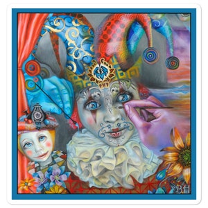 Autocollant bouffon, clown arlequin, autocollant d’art surréaliste, cirque du soleil, autocollants pop art, Français Pierrot,