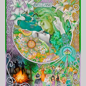 This giclee canvas wall art print is of Beltane or the witches wheel of the year.  It is of the pagan handfasting wedding Goddess May Queen and the green man. People also dancing around the maypole.  Oil on canvas painted in art nouveau style.