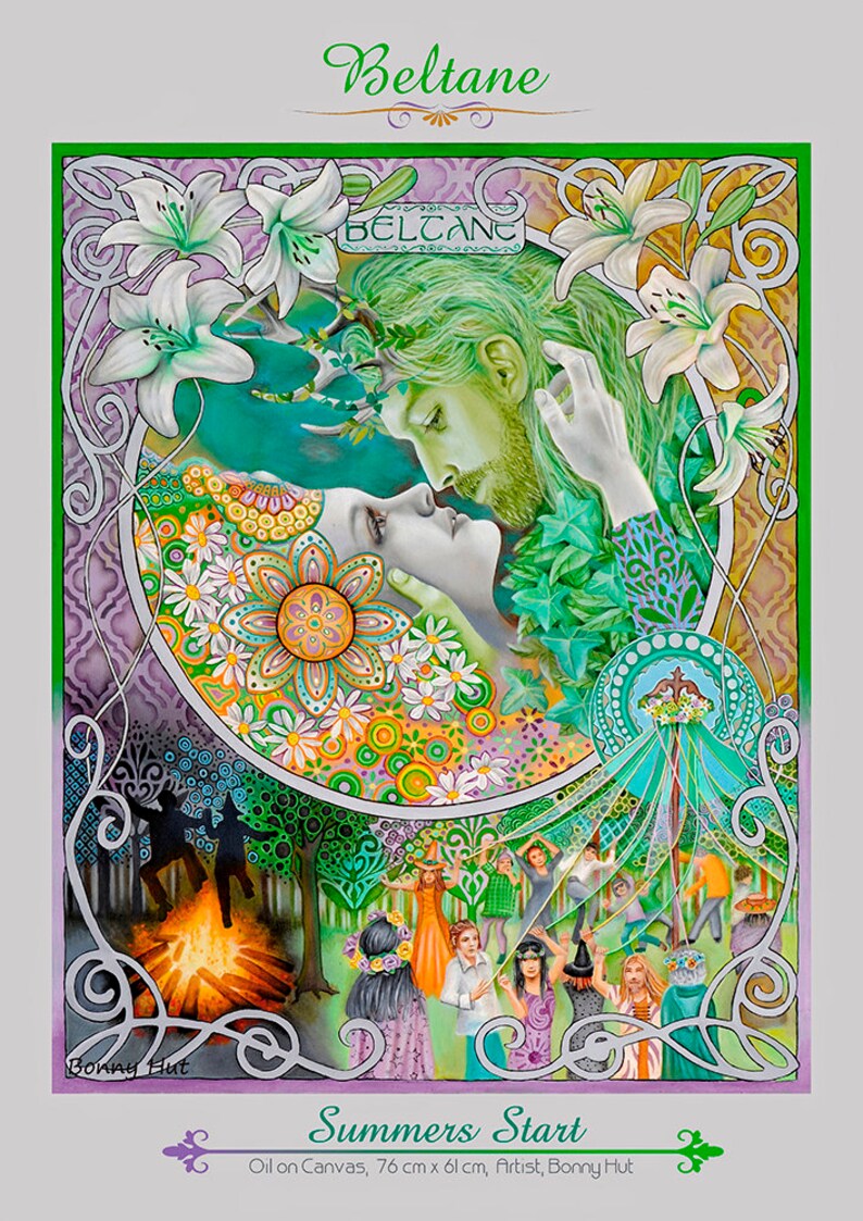 This giclee canvas wall art print is of Beltane or the witches wheel of the year.  It is of the pagan handfasting wedding Goddess May Queen and the green man. People also dancing around the maypole.  Oil on canvas painted in art nouveau style.