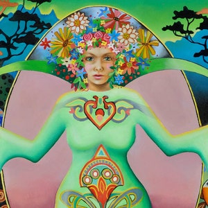 May include: A woman with a floral crown and green clothing stands with outstretched arms against a pink and blue background. The woman has a heart-shaped design on her chest and a geometric pattern on her dress.
