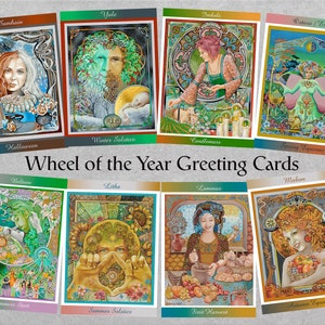 May include: Eight greeting cards with vibrant illustrations depicting the Wheel of the Year. The cards showcase seasonal celebrations such as Halloween, Winter Solstice, and Autumn Equinox, with decorative borders and text.