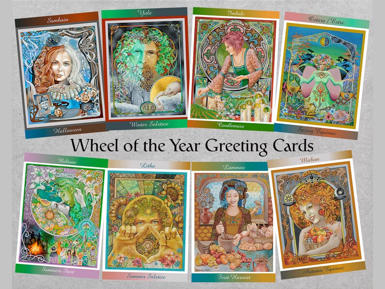 May include: Eight greeting cards with vibrant illustrations depicting the Wheel of the Year. The cards showcase seasonal celebrations such as Halloween, Winter Solstice, and Autumn Equinox, with decorative borders and text.