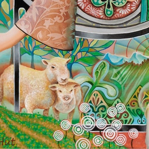 Peut inclure: Peinture originale repr&eacute;sentant deux moutons et un agneau dans un paysage color&eacute;. Une main s&egrave;me des graines. L'&oelig;uvre utilise une palette de couleurs chaudes et a un th&egrave;me pastoral. Le nom de l'artiste est visible.