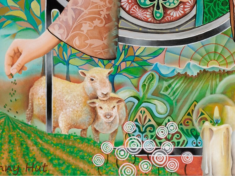 Peut inclure: Peinture originale repr&eacute;sentant deux moutons et un agneau dans un paysage color&eacute;. Une main s&egrave;me des graines. L'&oelig;uvre utilise une palette de couleurs chaudes et a un th&egrave;me pastoral. Le nom de l'artiste est visible.