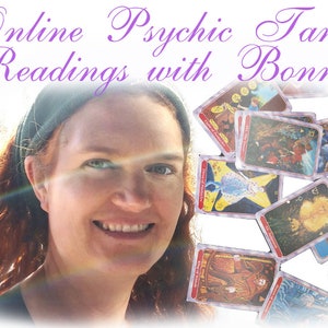 May include: A woman with red hair and a black headband smiles at the camera.  Tarot cards are scattered around her, with images of people, animals, and symbols.  The text "Online Psychic Tarot Readings with Bonny" is at the top of the image.
