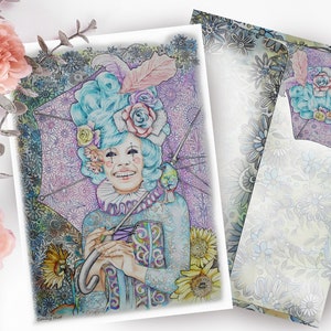 封筒付き印刷可能なグリーティング カード、ビクトリア朝のマリー アントワネット水彩画アート カード、アーティストによるダウンロード可能なビンテージ グリーティング カード