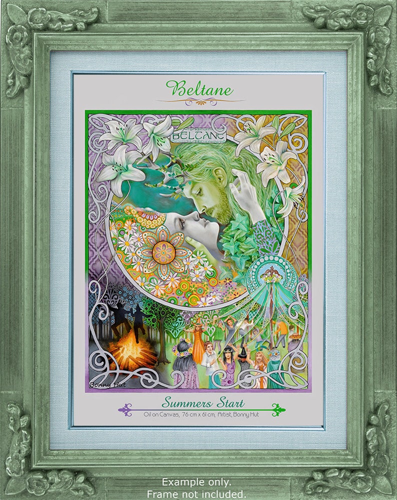 This giclee canvas wall art print is of Beltane or the witches wheel of the year.  It is of the pagan handfasting wedding Goddess May Queen and the green man. People also dancing around the maypole.  Oil on canvas painted in art nouveau style.